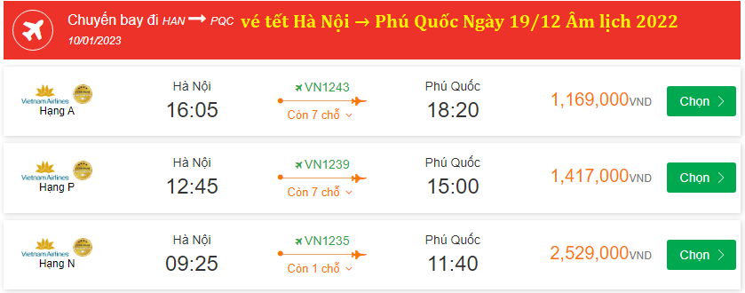 vé tết Hà Nội → Phú Quốc Ngày 19/12 Âm lịch 2022