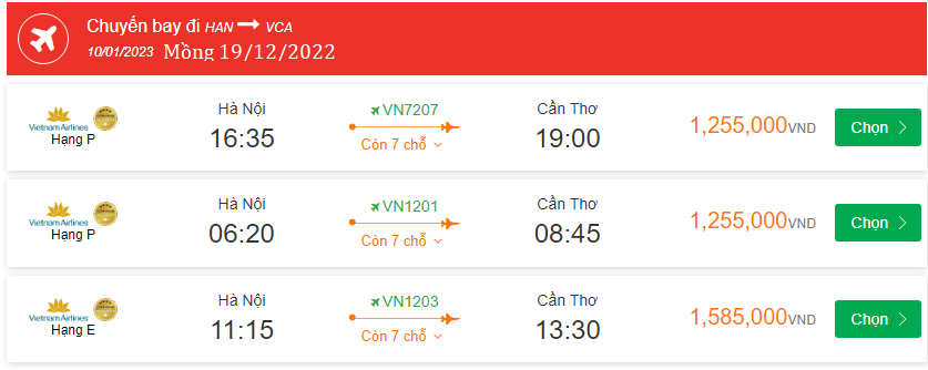 vé tết Hà Nội → Cần Thơ Mồng 19/12/2022