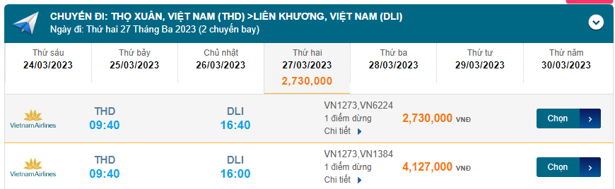 Thanh Hóa (THD) Đến Đà Lạt (DLI)  27/03/2023