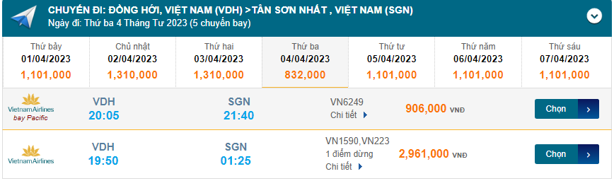 Đồng Hới (VDH) Đến Tân Sơn Nhất (SGN) 04/04/2023