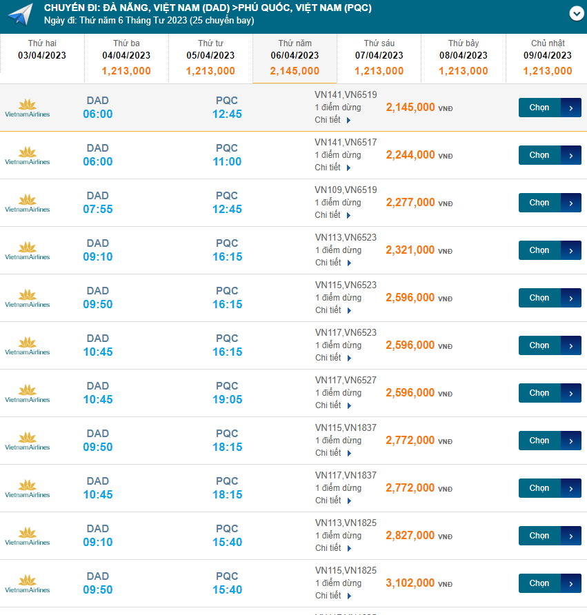 Đà Nẵng (DAD) Đến Phú Quốc (PQC) 06/04/2023