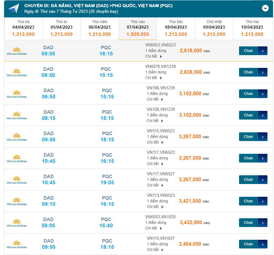 Đà Nẵng (DAD) Đến Phú Quốc (PQC) 07/04/2023
