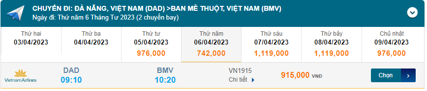 Đà Nẵng (DAD) Đến Ban Mê Thuột(BMV) 06/04/2023