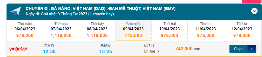 Đà Nẵng (DAD) Đến Ban Mê Thuột(BMV) 09/04/2023