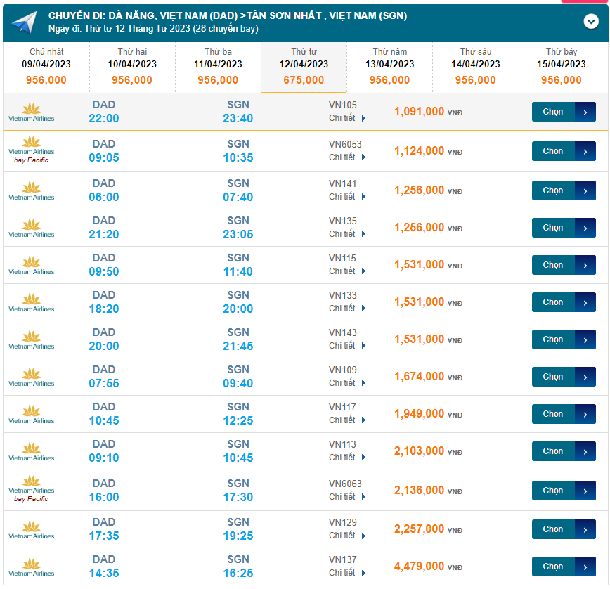 Đà Nẵng (DAD) Đến Tân Sơn Nhất 12/04/2023