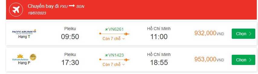 Pleiku Đến Hồ Chí Minh 18/07/2023