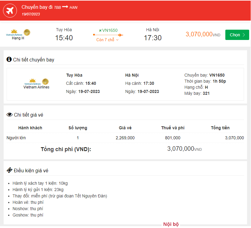 Tuy Hòa Đến Hà Nôi 19/07/2023