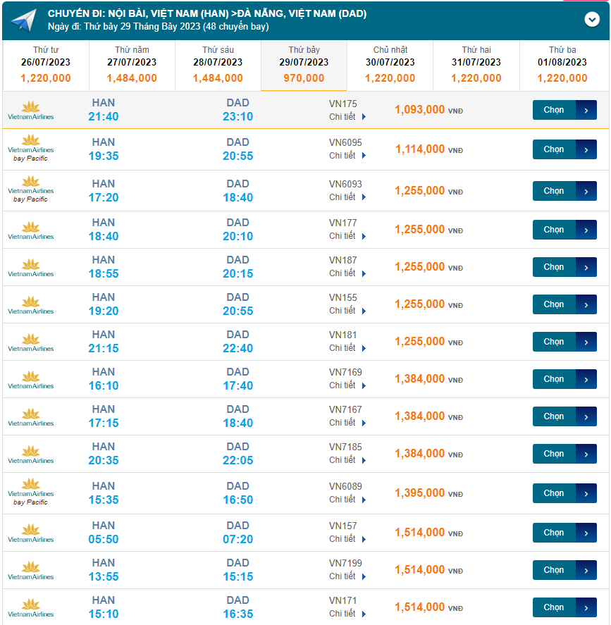Nội Bài (HAN) đến Đà Nẵng (DAD) Thứ bảy 29/07/2023