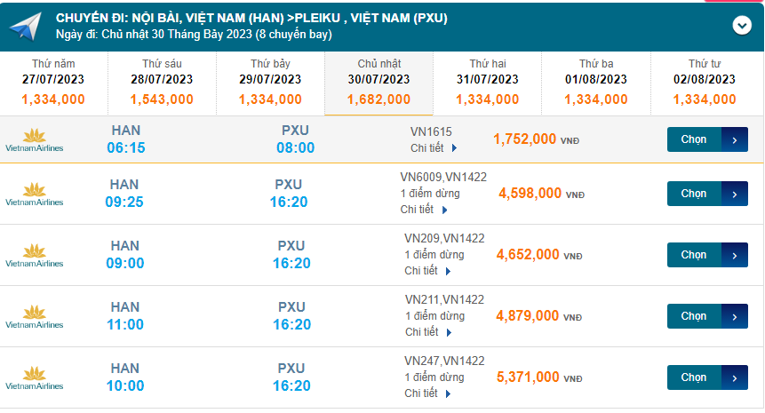 Nội Bài (HAN) đến Pleiku (PXU) Thứ bảy 30/07/2023