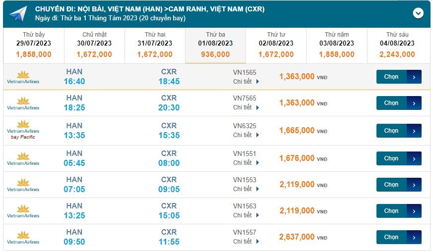 Nội Bài (HAN) đến Cam Ranh (CXR) Thứ ba 01/08/2023