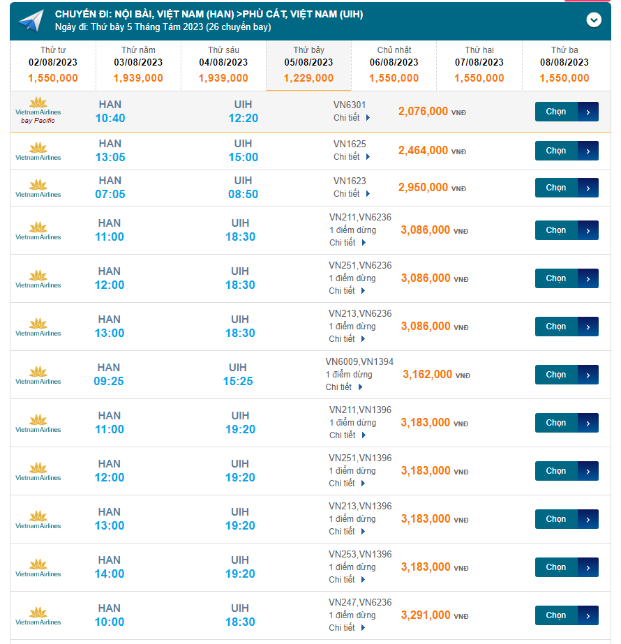 Nội Bài (HAN) đến Phù Cát Thứ bảy 05/08/2023