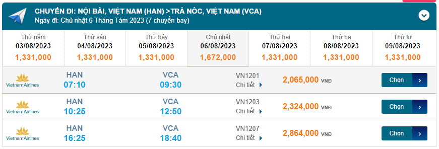 Nội Bài (HAN) đến Trà Nóc (VCA) Chủ nhật 06/08/2023