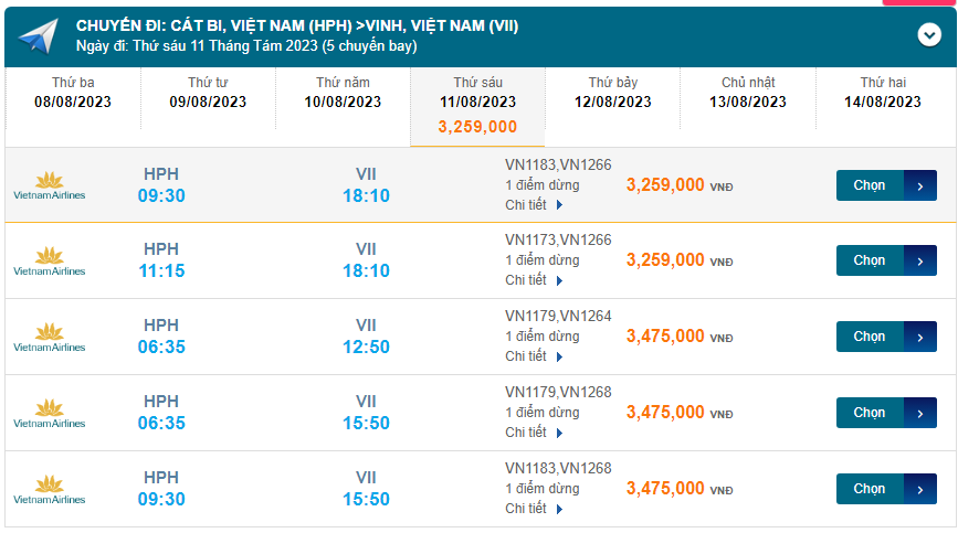 Cát Bi (HPH) đến Vinh (VII) Thư sáu 11/08/2023