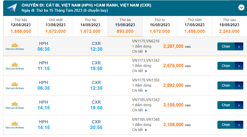 Cát Bi (HPH) đến Cam Ranh (CXR) Thứ ba 15/08/2023