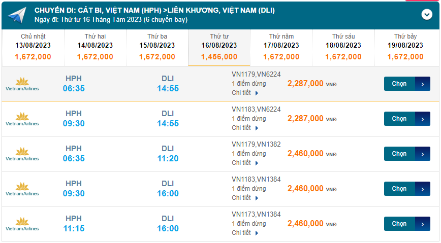 Cát Bi (HPH) đến Liên Khương (DLI) Thứ ba 16/08/2023