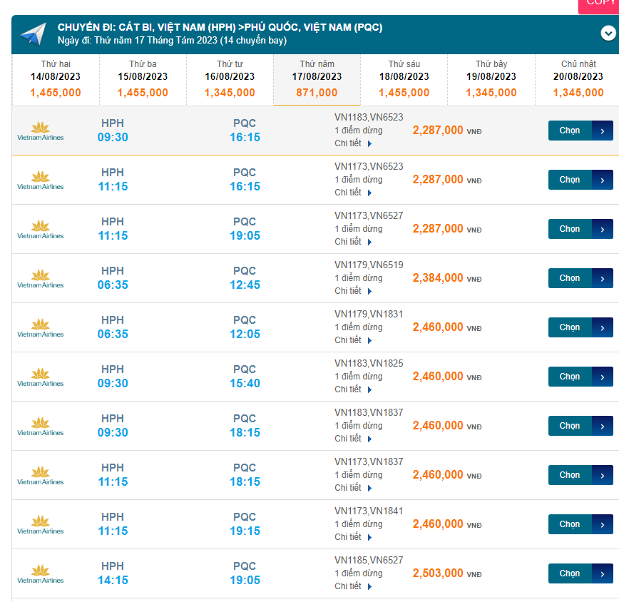 Cát Bi (HPH) đến Phú Quốc (PQC) Thứ tư 17/08/2023