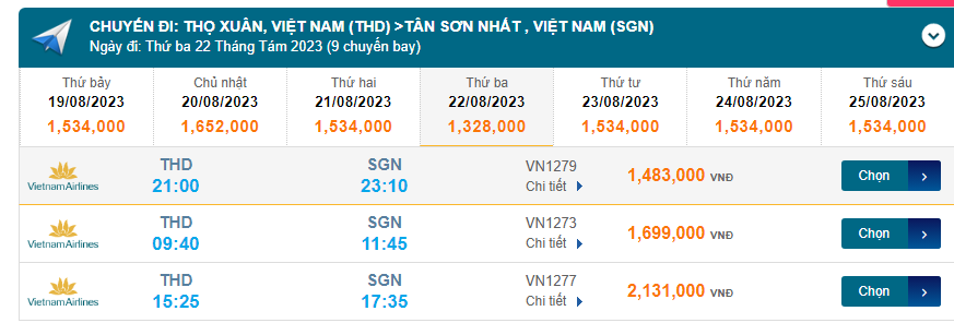 Thọ Xuân (THD) đến Tân Sơn Nhất (SGN) Thư ba 22/08/2023