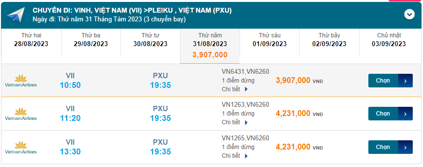 Vinh (VII) đến Pleiku (PXU) thứ năm 31/08/2023