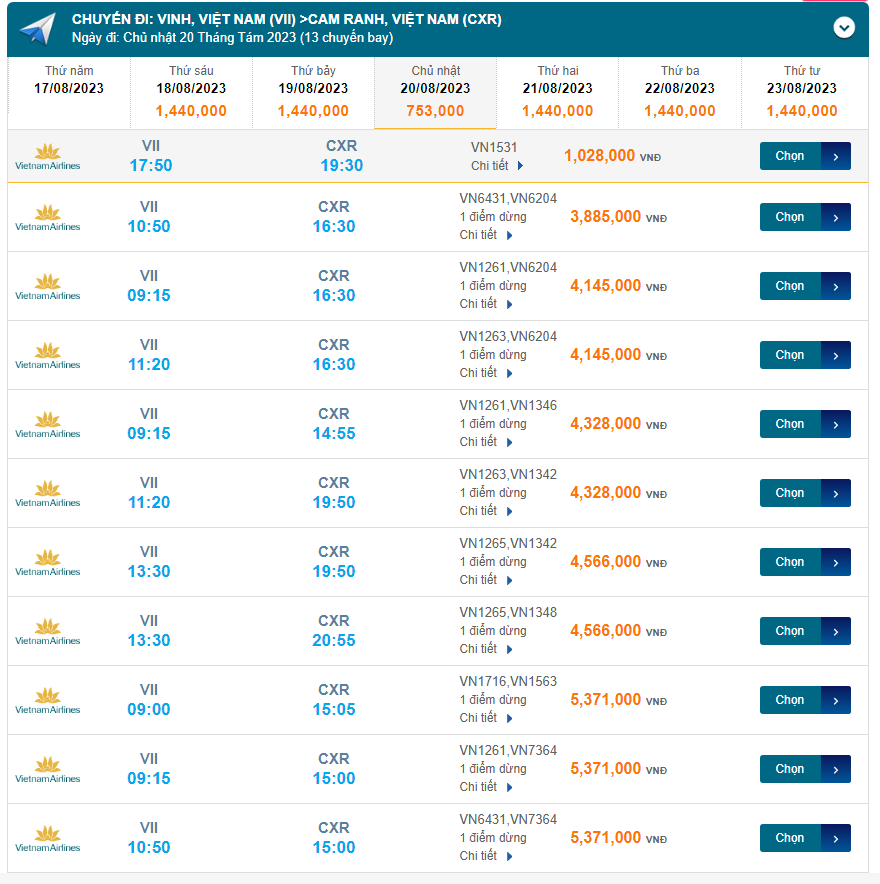 Vinh (VII) đến Cam Ranh (CXR) chủ nhật 20/08/2023
