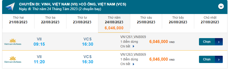 Vinh (VII) đến Cỏ Ống (VCS) thứ năm 24/08/2023