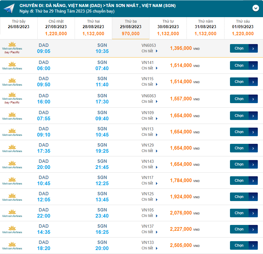 Đà Nẵng (DAD) đến Tân Sơn Nhất (SGN) thứ ba 29/08/2023