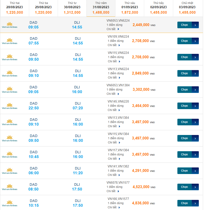 Đà Nẵng (DAD) đến Liên Khương (DLI) thứ năm 31/08/2023
