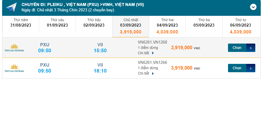 Pleiku (PXU) đến Vinh (VII) chủ nhật 03/09/2023