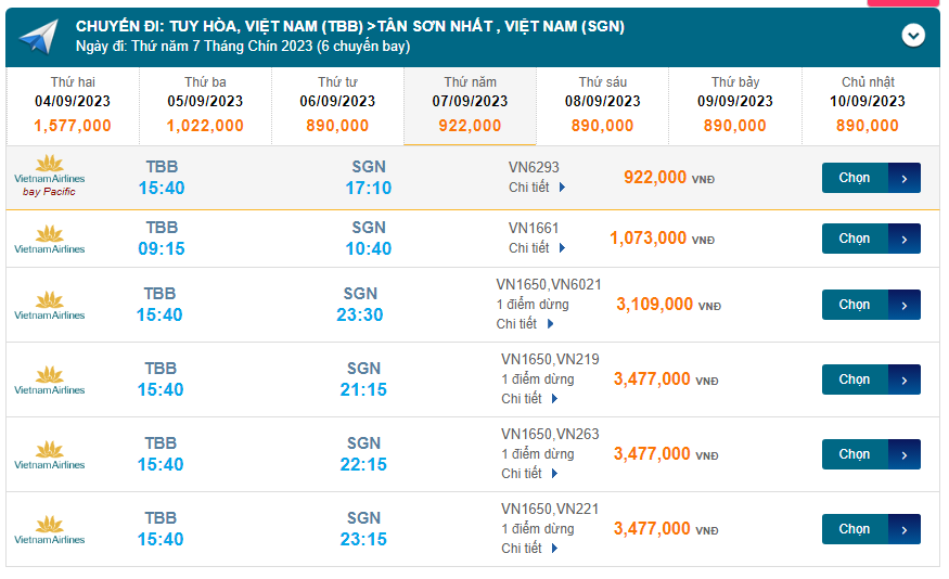 Tuy Hòa (TBB) đến Tân Sơn Nhất (SGN) thứ năm 07/09/2023