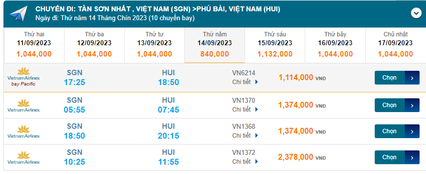 Tân Sơn Nhất (SGN) đến Phú Bài (HUI) thứ năm 14/09/2023