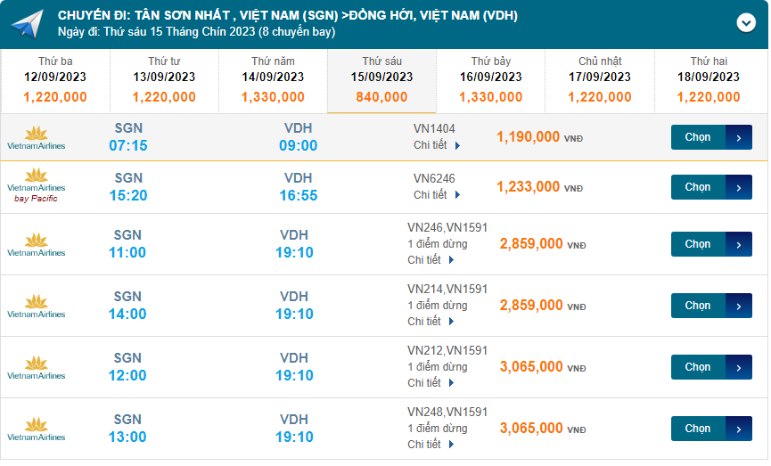 Tân Sơn Nhất (SGN) đến Đồng Hới (VDH) thứ sáu  15/09/2023