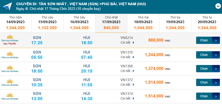 Tân Sơn Nhất (SGN) đến Phú Bài (HUI) chủ nhật  17/09/2023