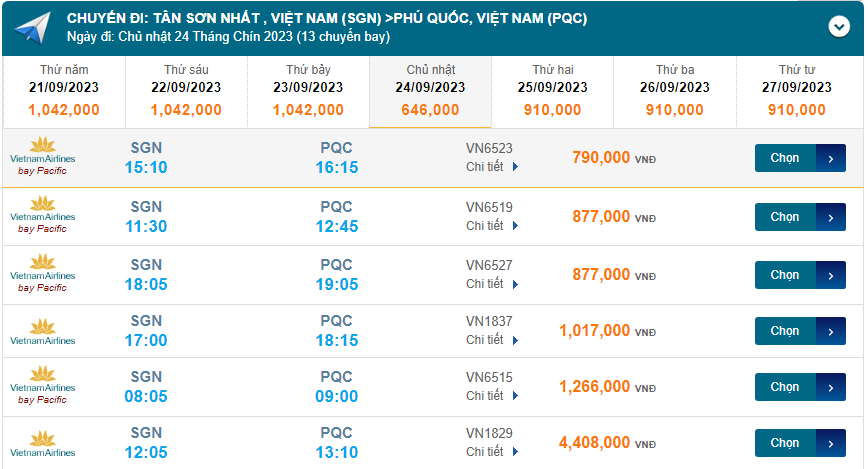 Tân Sơn Nhất (SGN) đếnPhú Quốc (PQC) chủ nhật  24/09/2023