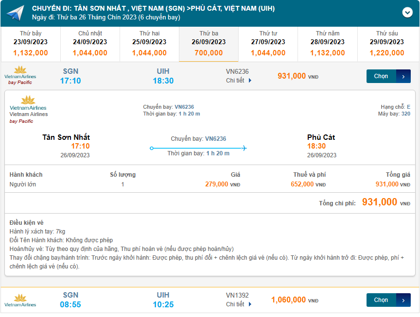 Tân Sơn Nhất (SGN) đến Phù Cát (UIH) thứ ba 26/09/2023