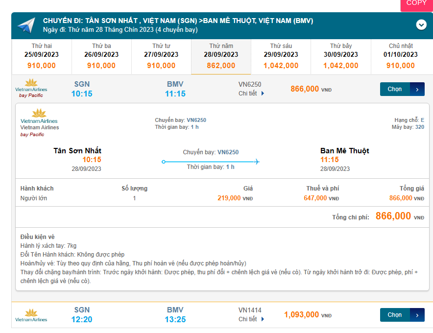 Tân Sơn Nhất (SGN) đến Ban Mê Thuột (BMV) thứ năm 28/09/2023