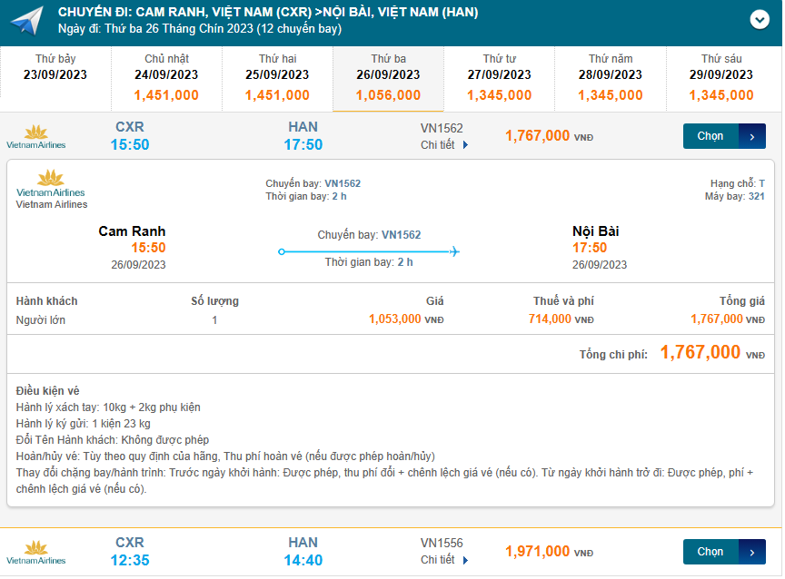 Cam Ranh (CXR) đến Nội Bài (HAN) thứ ba 26/09/2023
