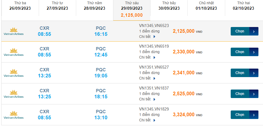 Cam Ranh (CXR) đến Phú Quốc (PQC) thứ sáu 29/09/2023