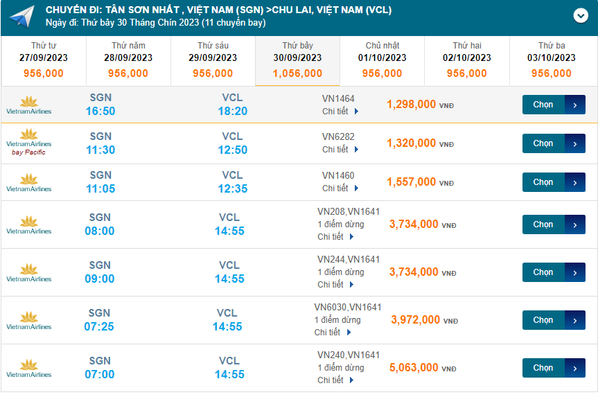 Cam Ranh (CXR) đến Chu Lai (VCL) thứ bảy 30/09/2023