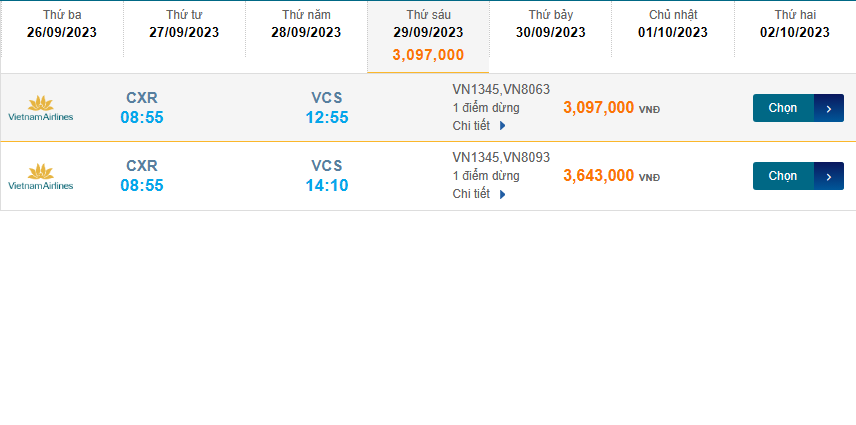 Cam Ranh (CXR) đến Cỏ Ống (VCS) thứ sáu 29/09/2023