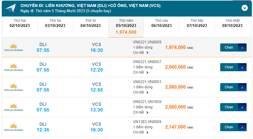 Liên Khương (DLI) đến Cỏ Ống (VCS) thứ năm 05/10/2023