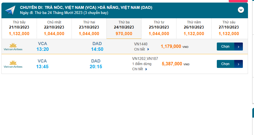 Trà Nóc (VCA) đến Đà Nẵng (DAD) thứ ba 24/10/2023