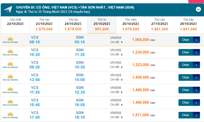 Cỏ Ống (VCS) đến Tân Sơn Nhất (SGN) thứ tứ 25/10/2023