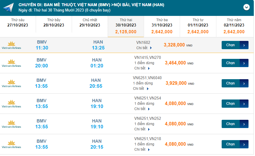 Ban Mê Thuột (BMV) đến Cát Bi (HPH) thứ ba 31/10/2023