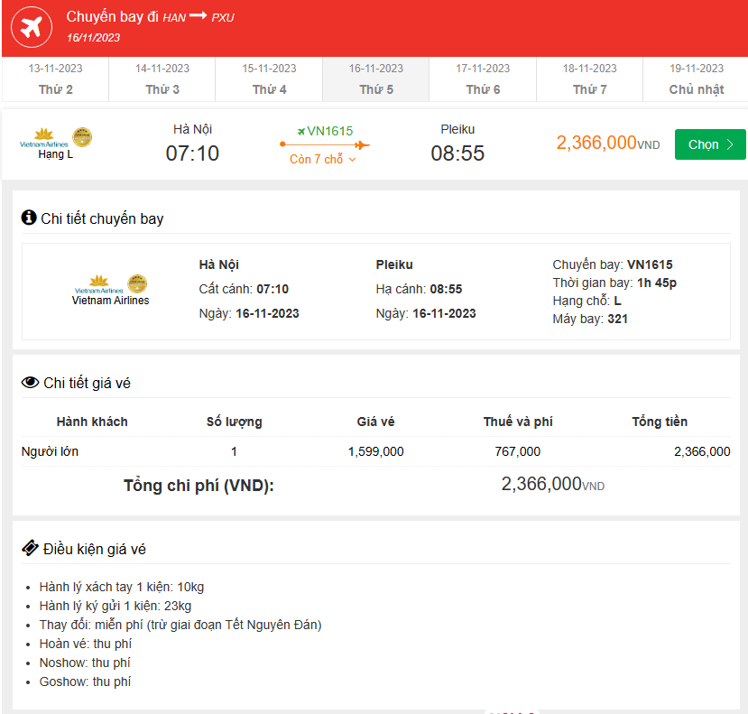 Chuyến bay Hà Nội Đến Pleiku thứ năm 16-11-2023
