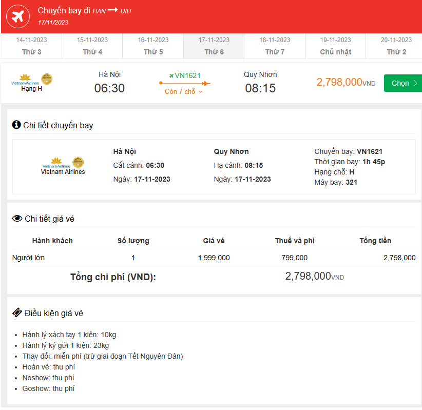 Chuyến bay Hà Nội Đến Quy Nhơn thứ sáu 17-11-2023