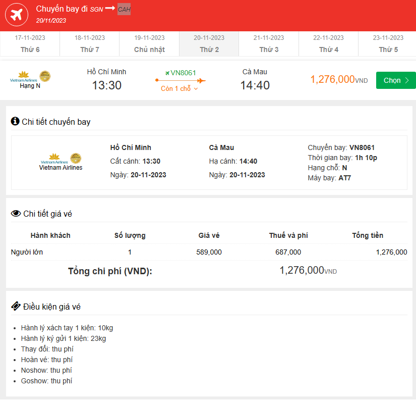 Hồ Chí Minh (SGN) Đến Cà Mau (CAH) thứ hai 20-11-2023