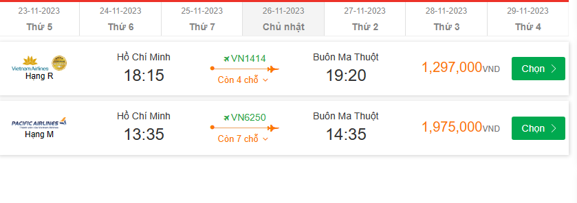 Hồ Chí Minh (SGN) Đến Buôn Ma Thuột chủ nhật 26-11-2023