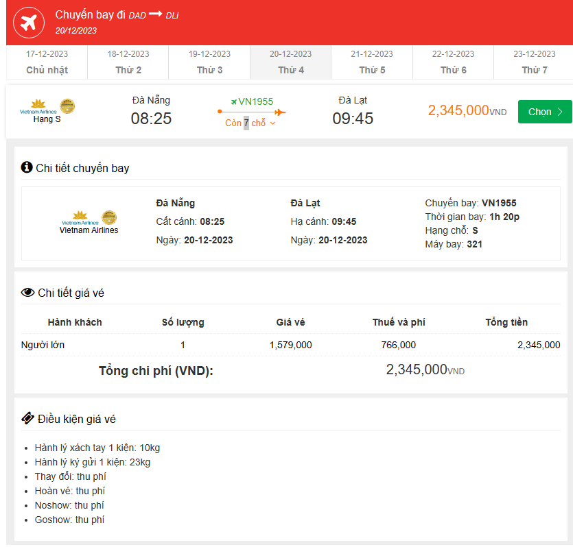 Đà Nẵng (DAD) Đến Đà Lạt (DLI) thứ tư 20-12-2023