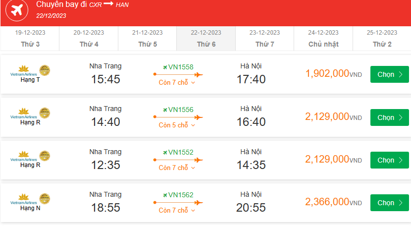 Nha Trang (CXR) Đến Hà Nội thứ sáu 22-12-2023