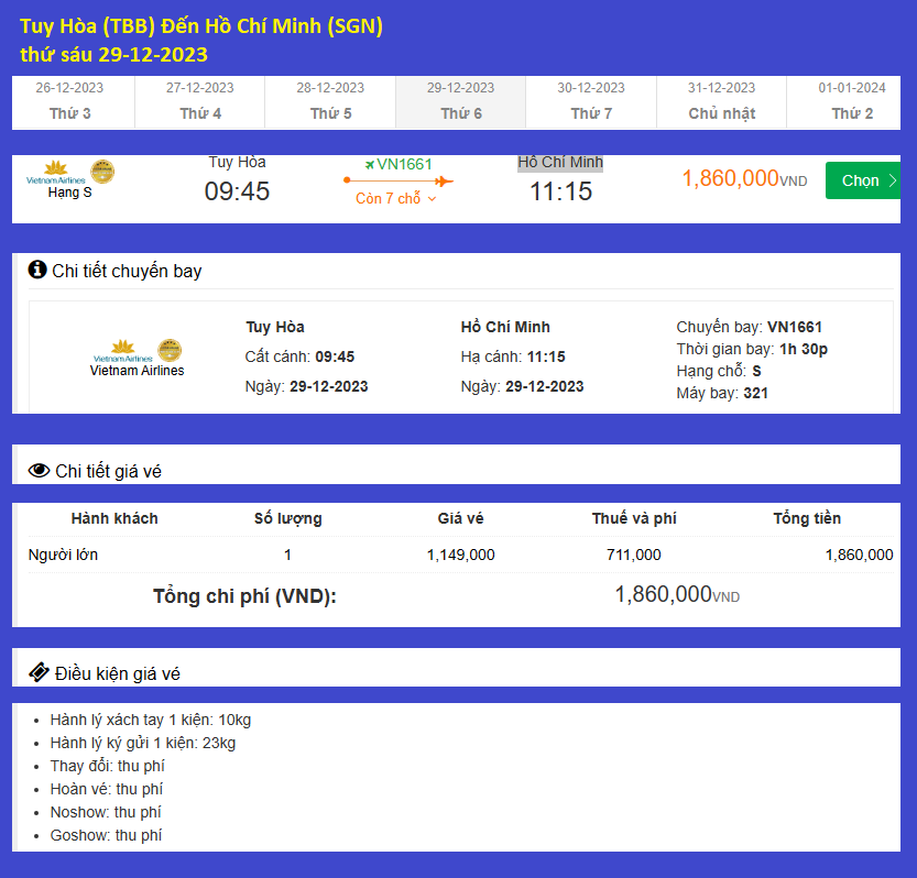 Tuy Hòa (TBB) Đến Hồ Chí Minh (SGN) thứ sáu 29-12-2023