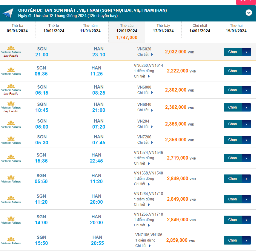 Tân Sơn Nhất  - Nội Bài (HAN) 12/01/2024 Mồng 02/12/2023